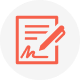 A stylised icon of a document with a pen, featuring a signature, on a white background.