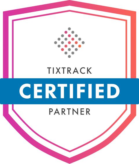 Tixtrack Certified Partner logo featuring a shield design with multicoloured dots and bold text.