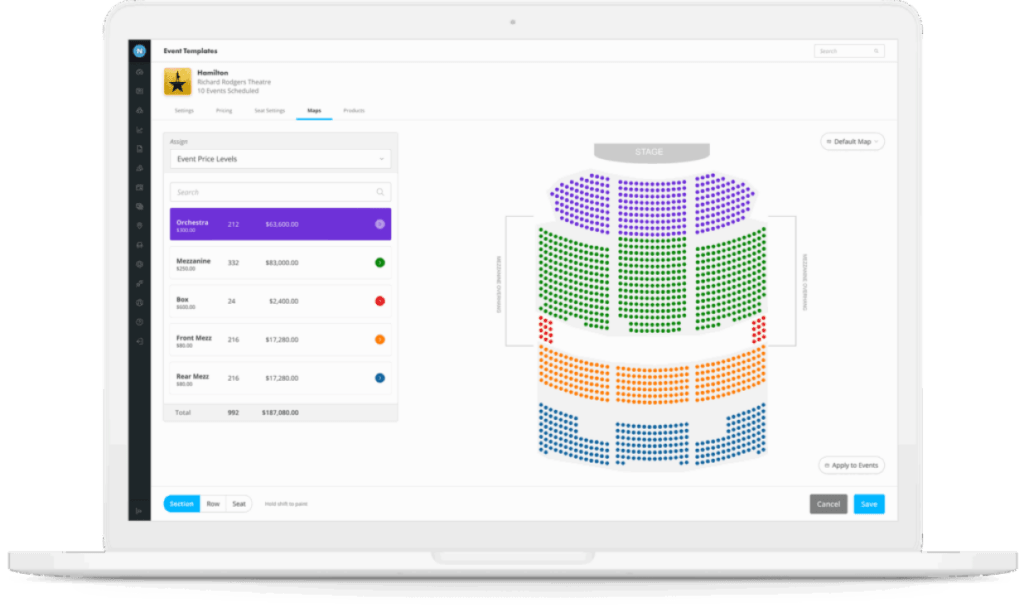 A detailed seating map of a venue, showing sections, rows, and seat numbers in various colours.